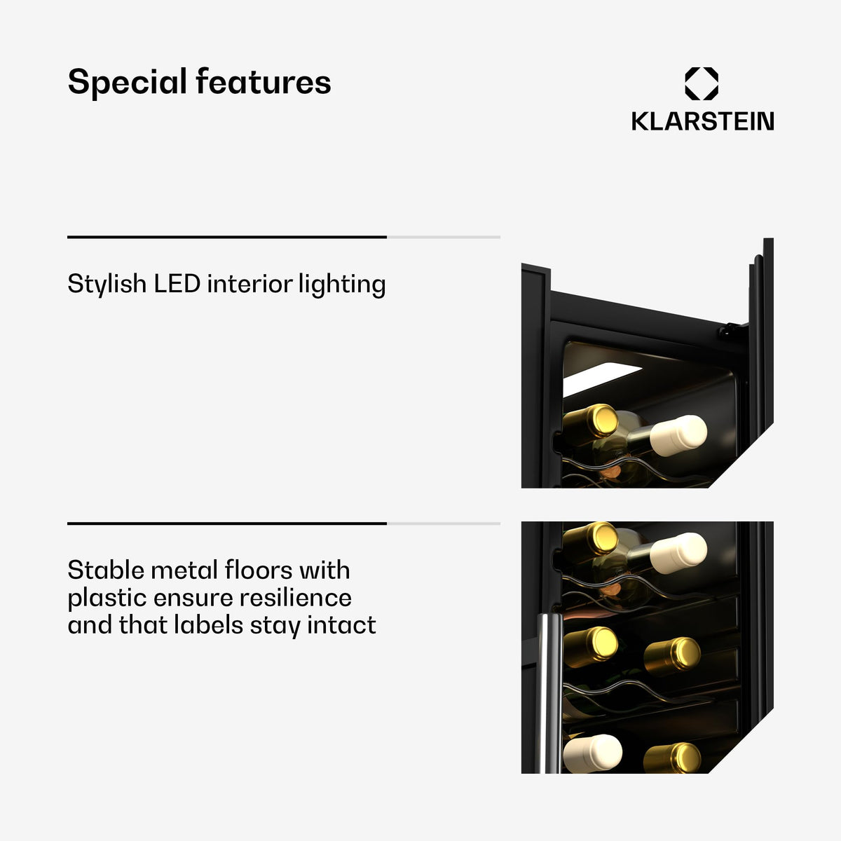 KLARSTEIN Shiraz Wine Cooler Black – 8 Bottles, 1 Zone | Freestanding Wine Fridge with Glass Door, Quiet, 5–18 °C, LED, Stainless Steel Frame