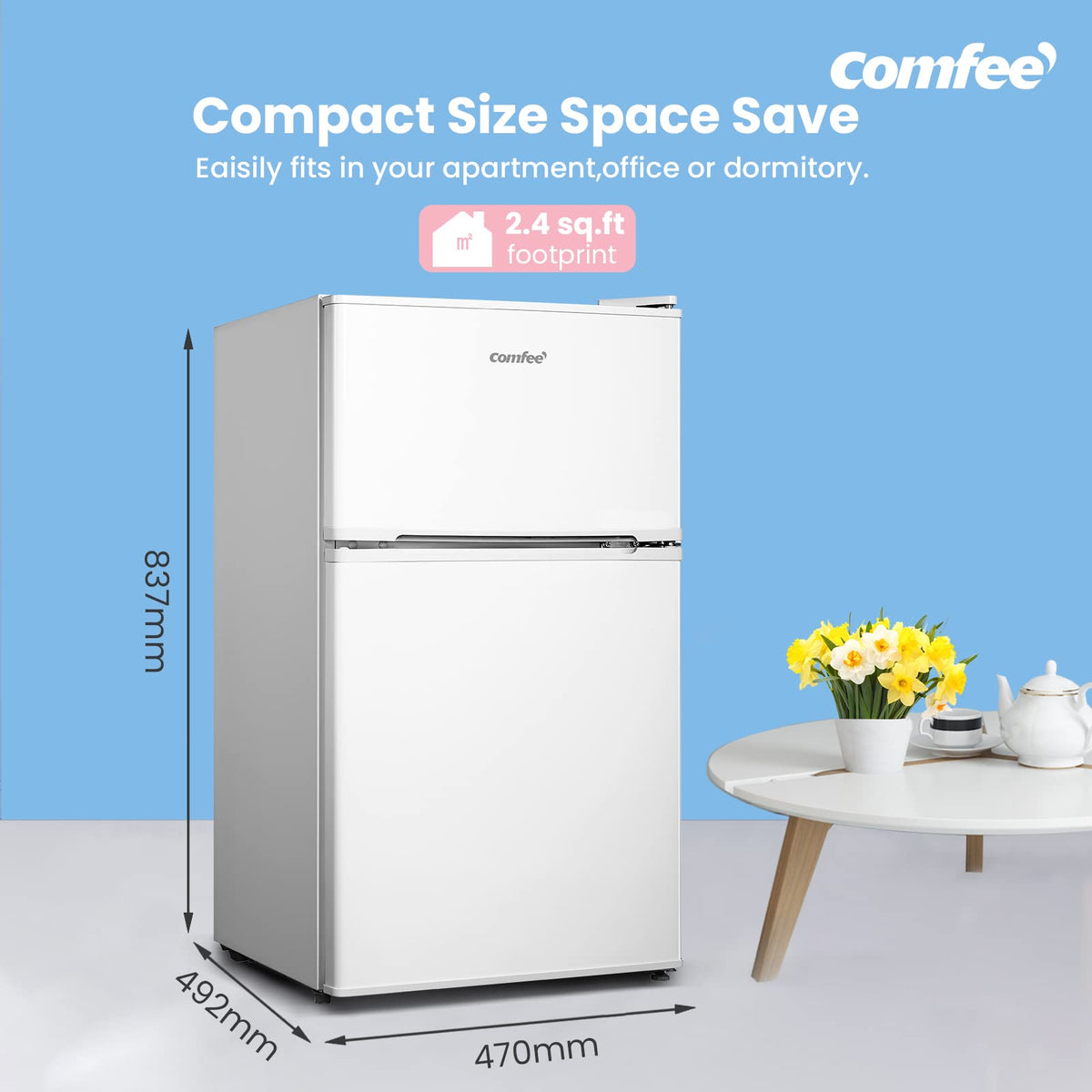 COMFEE' 87L Under Counter Fridge Freezer, Reversible Door, RCT87BL2(E)