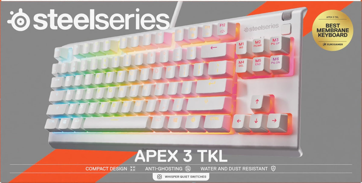 SteelSeries Apex 3 TKL Gaming Keyboard - Silent Keyboard, Tenkeyless PC Keyboard - 8-Zone RGB Illumination - IP32 Water & Dust Resistant - English QWERTY Layout, Black