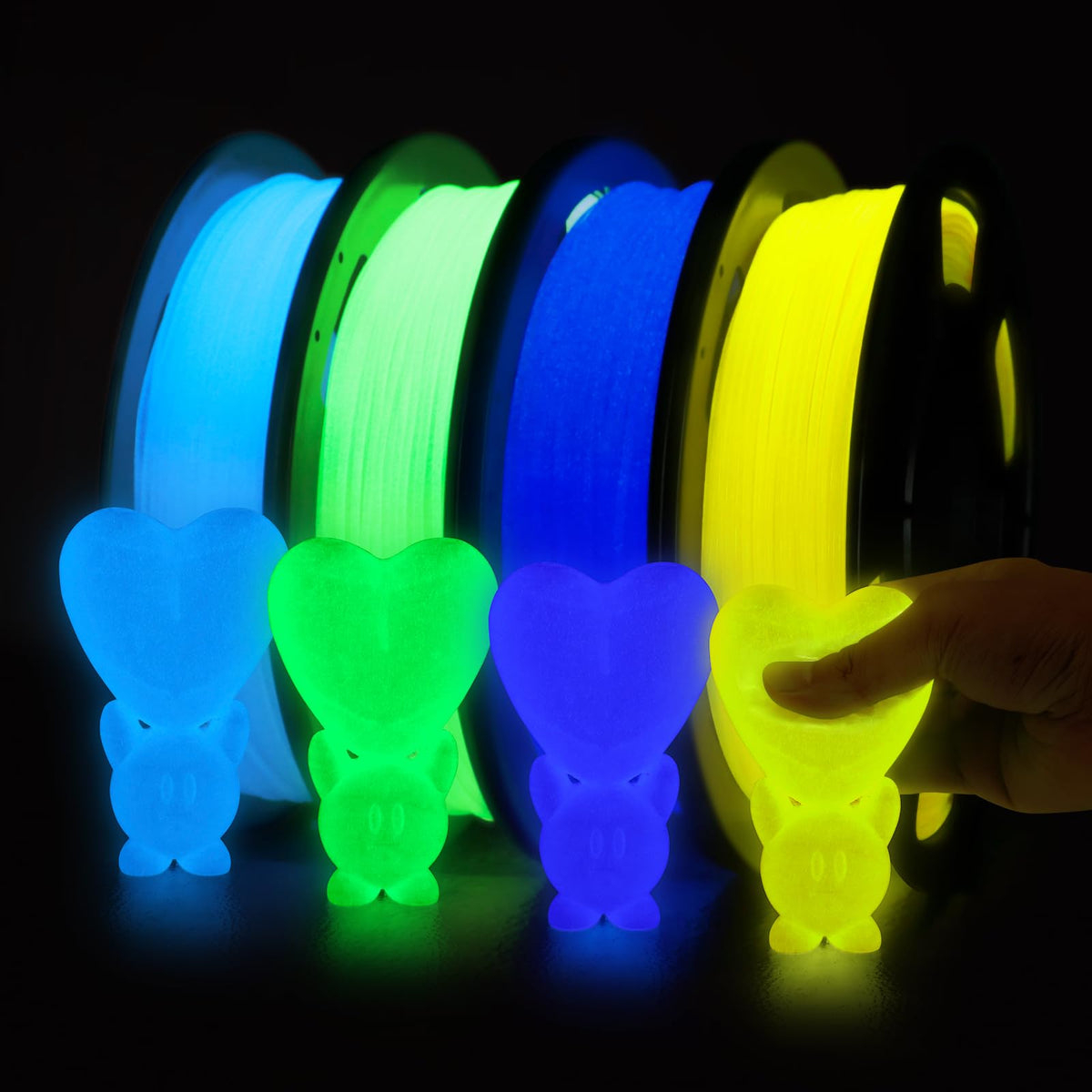 YOUSU 3D Printer Filament Bundle,Glow in The Dark Filament Multicolor,PLA Filament 1.75 mm,Green, Blue,Purple and Rainbow Accuracy +/- 0.03 mm,250g X 4 Pack