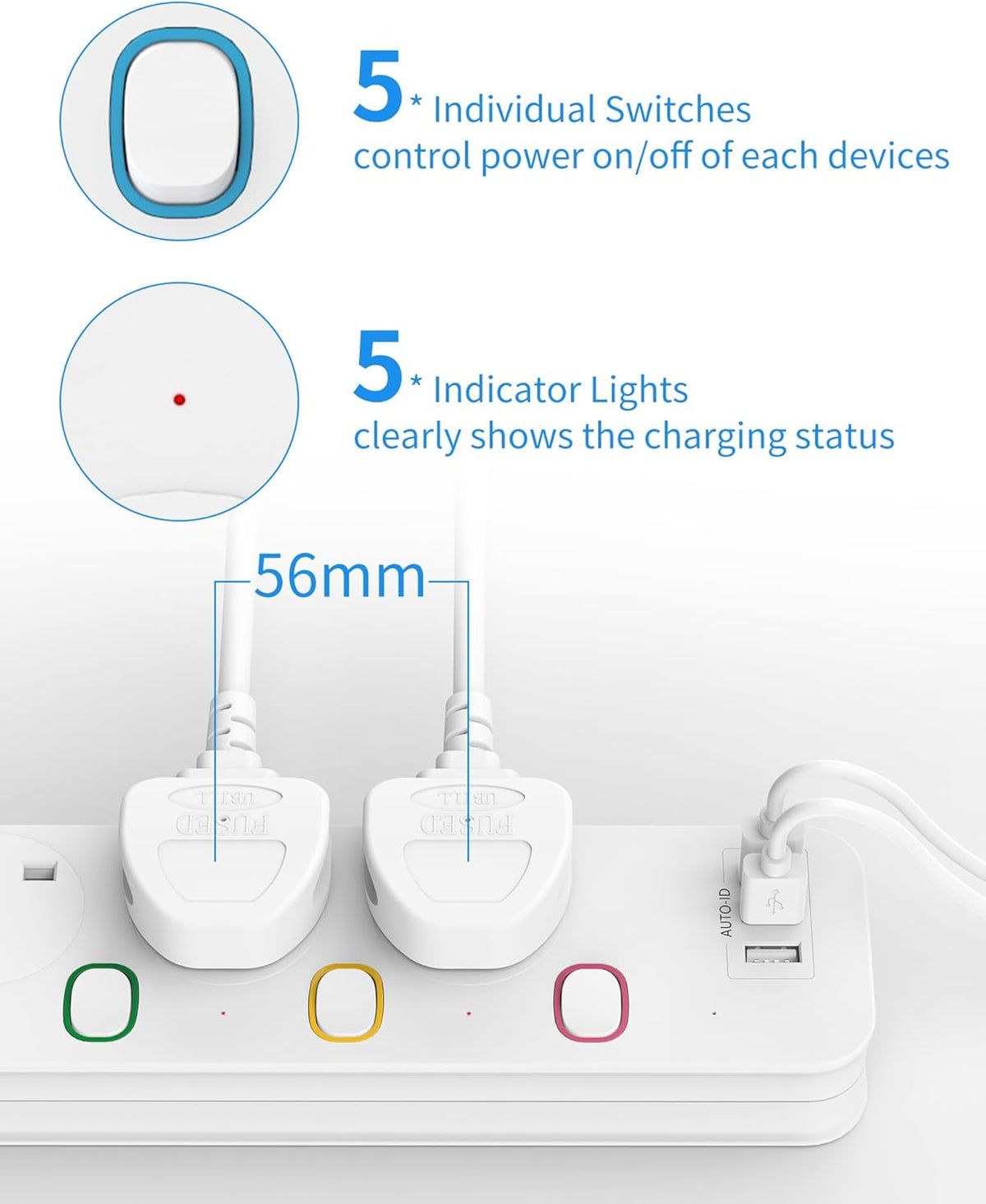Mscien Extension Lead 1M with USB Slots 4 Way Wall Mounted, 1M Extension Lead Switched with Multiple Protection, Fused Power Strip 4 Sockets White, 13A/3250W