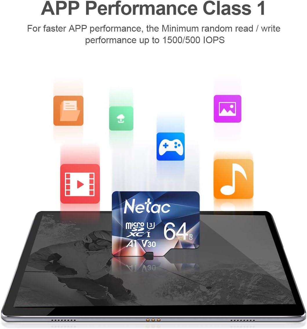 Netac 64GB MicroSDXC Memory Card, Micro SD Card R/W up to 100/30MB/s, TF Card 4K Full HD Video Recording, UHS-I, C10, U3, A1, V30, for Camera, Smartphone, Security System, Drone, Dash Cam