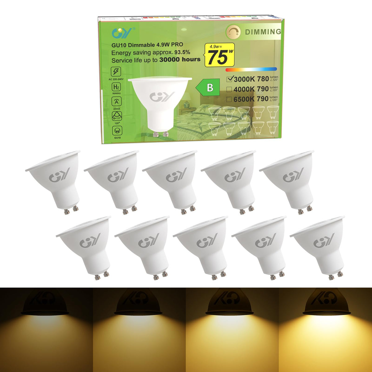 GY GU10 LED Bulb 4.9W 790lm Cool White 6500K Energy Saving LED Bulb, The New UK Energy Efficiency Class B Replaces 80W, 110°Beam Angle Non-Dimmable, 10 Pack