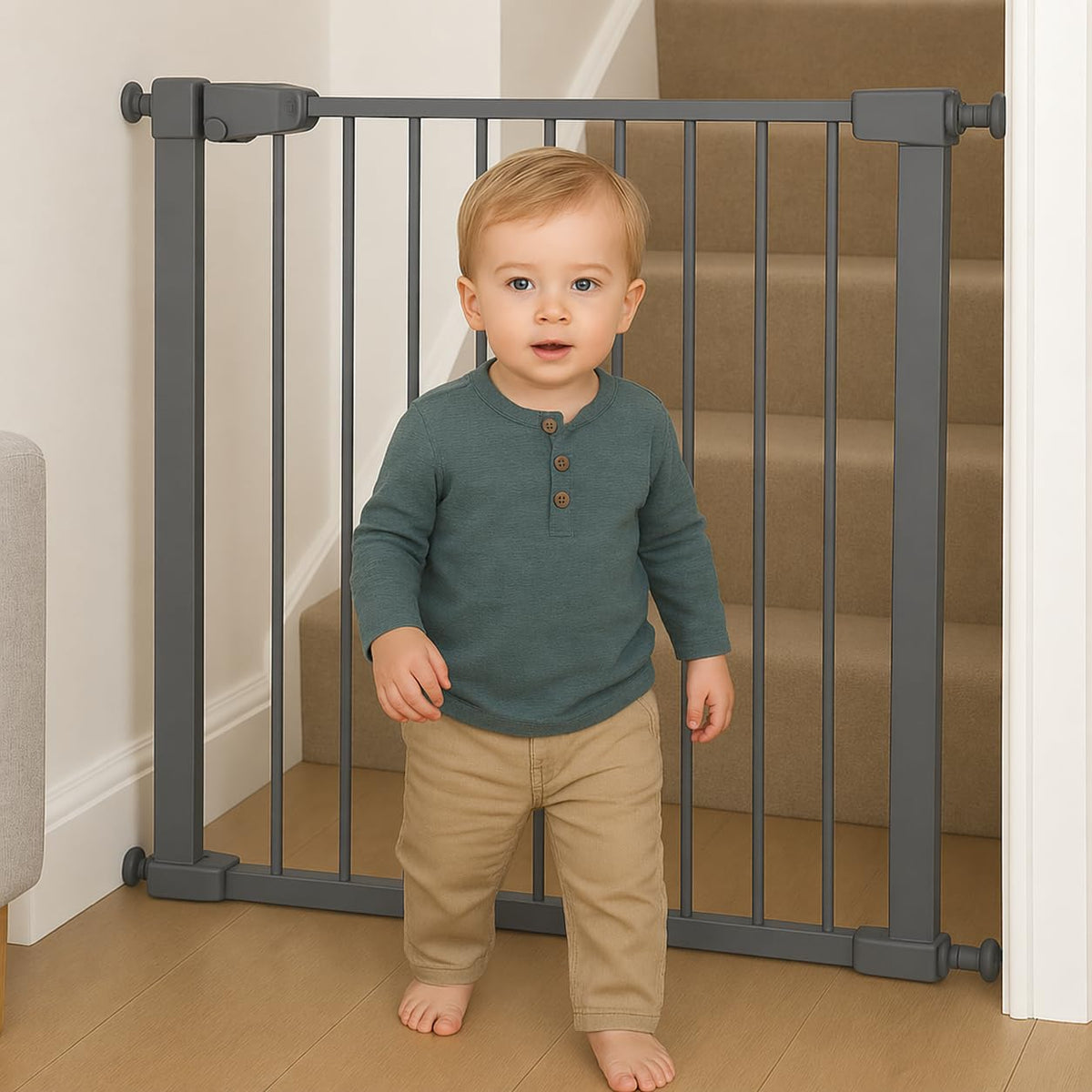 For Your Little One Pressure Fit Safety Stair Gate – 100–107 cm – 2 x 7 cm Extensions Included – No Screws Needed | One-Hand Opening | Baby & Pet Gate for Stairs & Doorways, Grey
