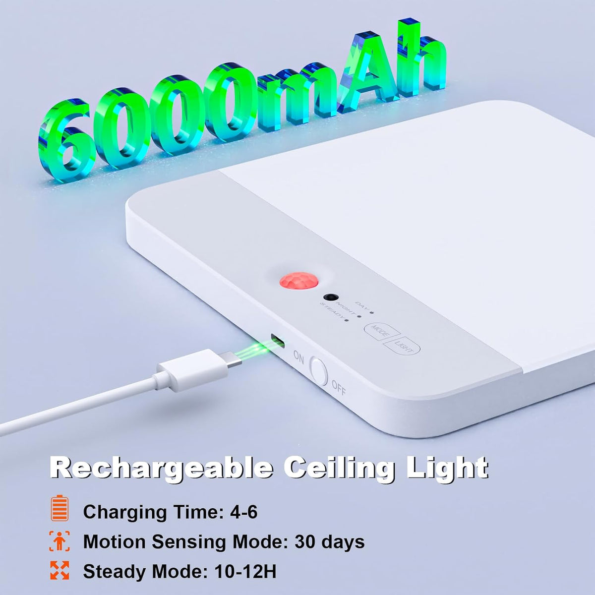 Motion Sensor Rechargeable LED Ceiling Light, Size 7.3", White, 1PCS