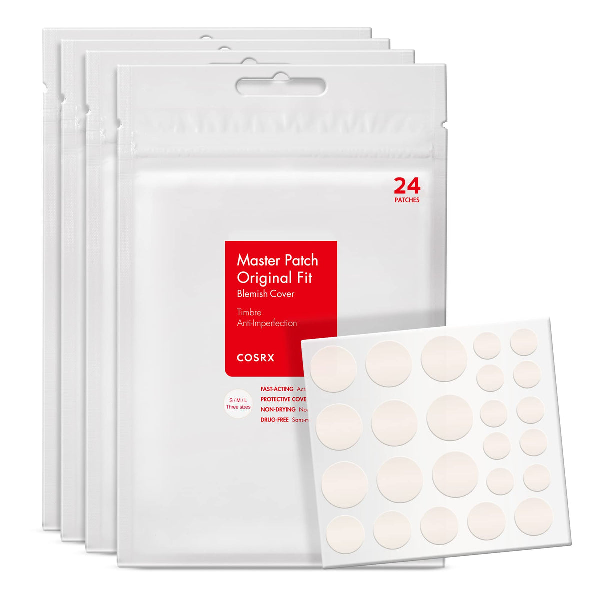 COSRX Master Patch Original Fit (24 counts) Absorbing Pimple Patches, Hydrocolloid Spot Treatment, Blemish Cover, Spot Stickers, 3 Sizes