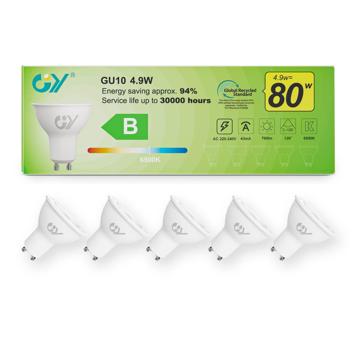 GY GU10 LED Bulb 4.9W 790lm Cool White 6500K Energy Saving LED Bulb, The New UK Energy Efficiency Class B Replaces 80W, 110°Beam Angle Non-Dimmable, 10 Pack