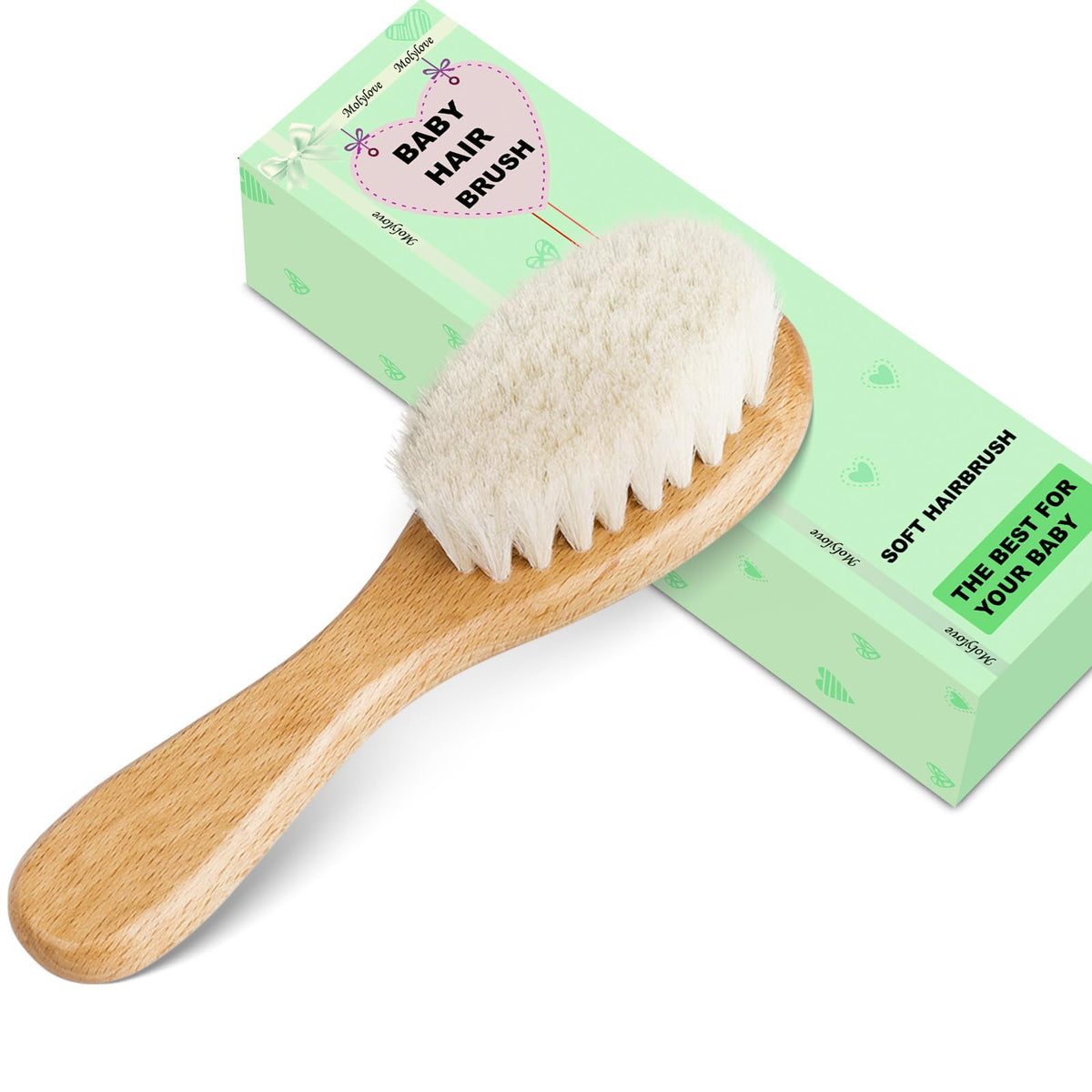 3PCS Baby Hair Brush with Wooden Handle and Comb Set for Newborns & Toddlers | Natural Soft Goat Bristles l Wood Comb l Green Cradle Cap Brush | Ideal for Cradle Cap