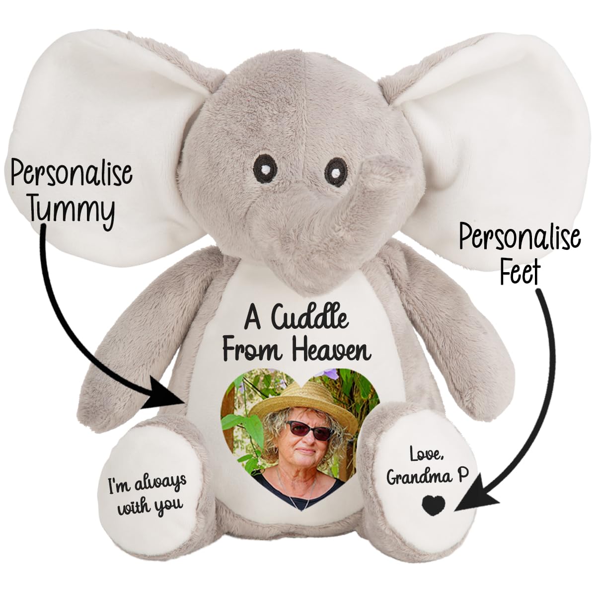 Personalised Memory Teddy Bear with Heart-Shaped Photo – “A Cuddle From Heaven” Keepsake Gift – 28 Bear Styles – Add Your Text & Choose Colour – Custom Memorial Bear (White Angel Teddy)