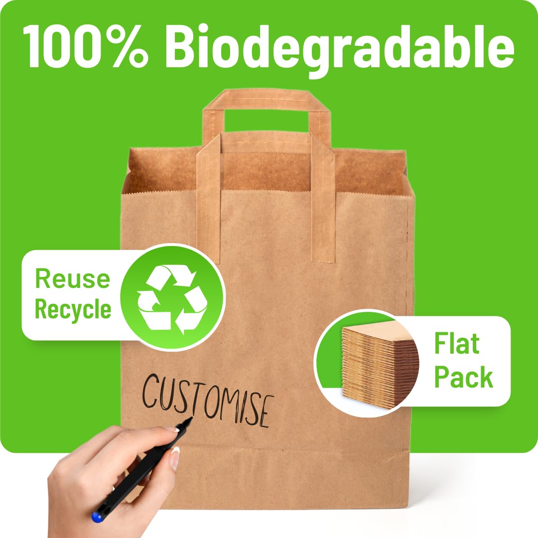 Brown Paper Bags with Handles - Small 8 x 7 x 3.5", 250 Pack, 80gsm Kraft Material, Takeaway Lunch Grocery Shopping Gift Party