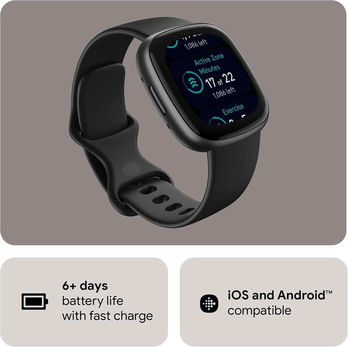 Fitbit Google Versa 4 Fitness Smartwatch with 3 Months Google Health Membership Included and up to 6 days battery life - compatible with iOS & Android, Black/Graphite Aluminium