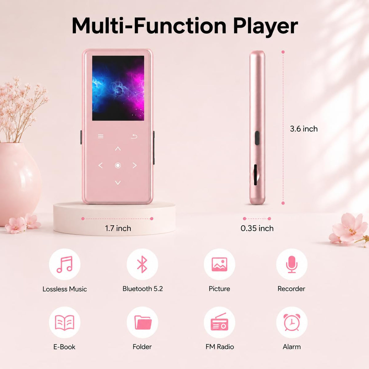 64GB MP3 Player with Bluetooth 5.2, AiMoonsa Music Player with Built-in HD Speaker, FM Radio, Voice Recorder, HiFi Sound, E-Book Function, Earphones Included