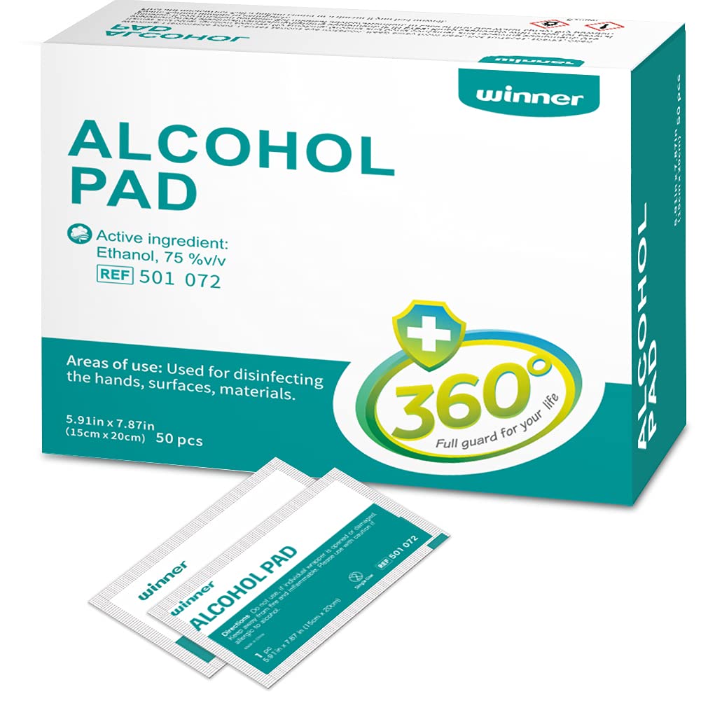 Winner Medical Alcohol Wipes 11cm*15cm, 50 Pcs, 75% Ethanol Hand & Skin Disinfecting Wipes, Individually Wrapped Sterile Alcohol Swabs, 4 Layers of Sterile Alcohol Pre Pads