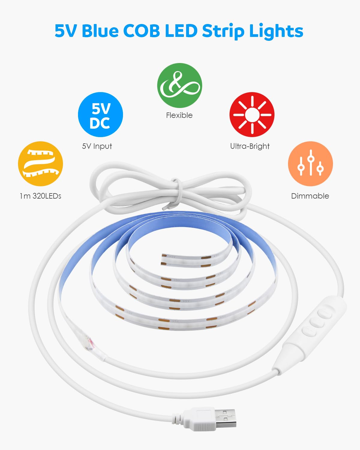 Aclorol 3M COB LED Strip Light Warm White 3000K 5V USB Flexible LED Light Strip 8mm Width Dimmable CRI85+ Dotless Tape Light High Density 320LEDs/M for Bedroom Kitchen Under Cabinet Home Decor