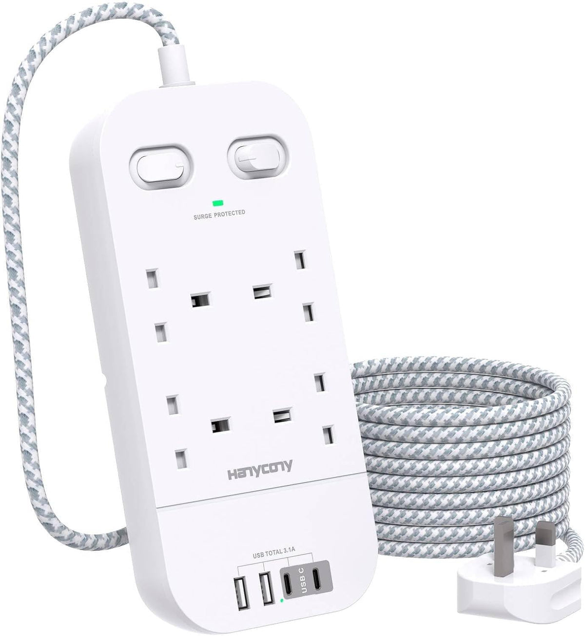 5M Extension Lead Surge Protected, 4 Way Outlets with 2 USB C & 2 USB A