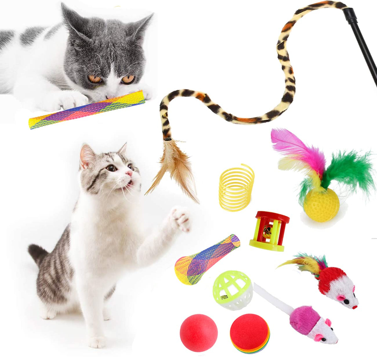 20 Pcs Cat Toys for Indoor Kitten, Collapsible Tunnel, Interactive Feather Wand Ball Spring Mice Toy for Puppy Kitty