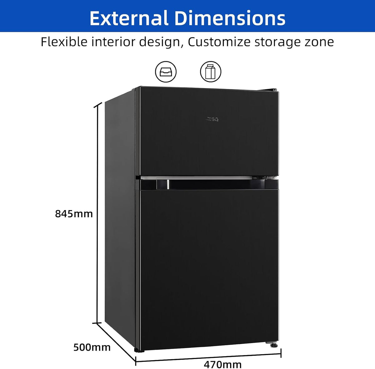 CHiQ 86L Compact Top Freezer Refrigerator with 85cm & LED Black