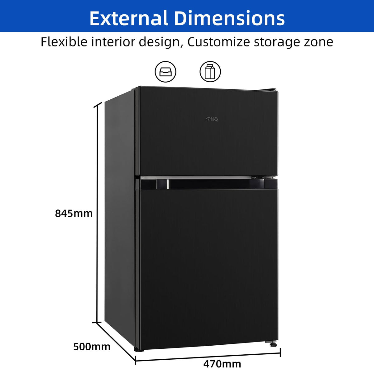 CHiQ 86L Compact Top Freezer Refrigerator with 85cm & LED Black