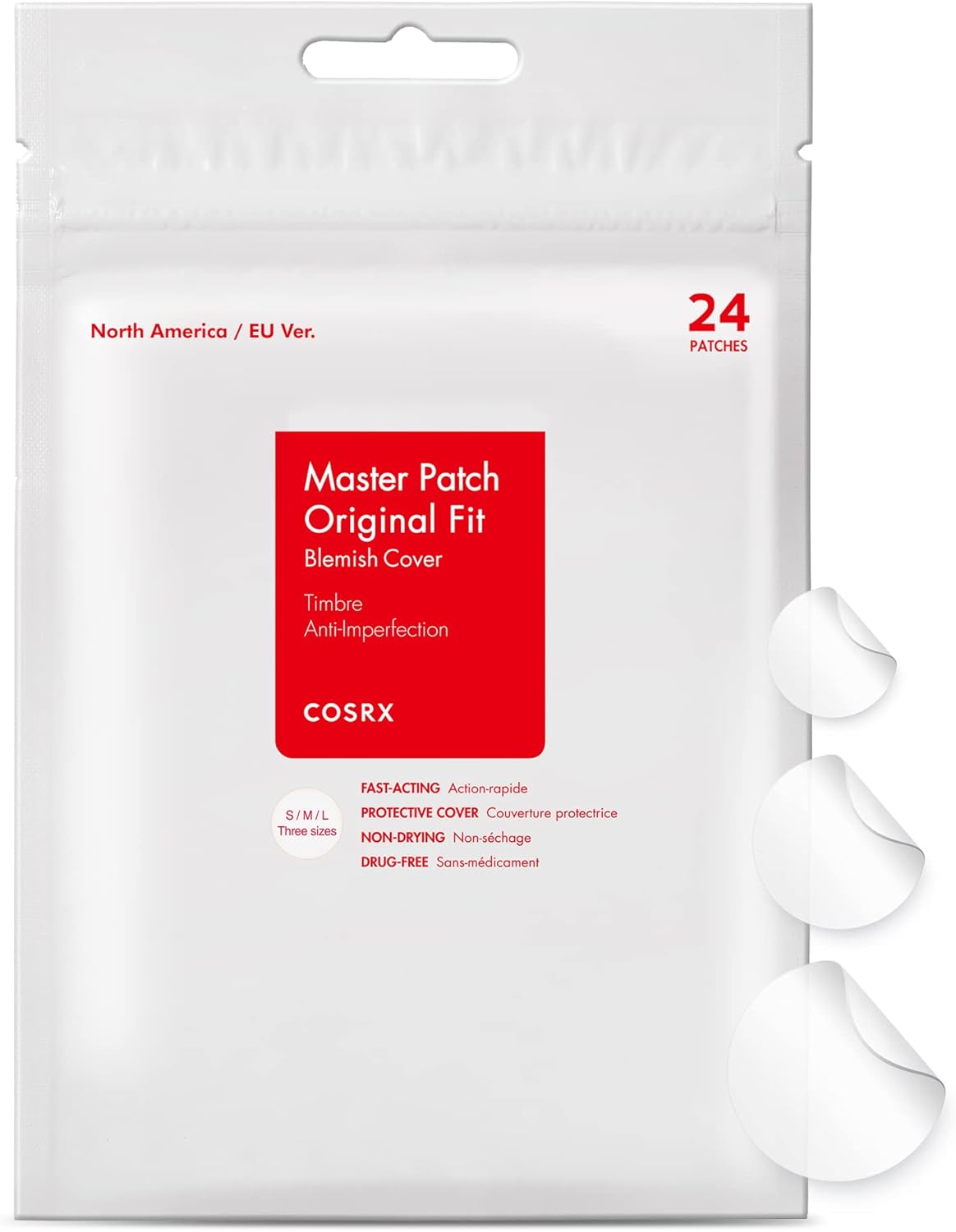 COSRX Master Patch Original Fit (24 counts) Absorbing Pimple Patches, Hydrocolloid Spot Treatment, Blemish Cover, Spot Stickers, 3 Sizes