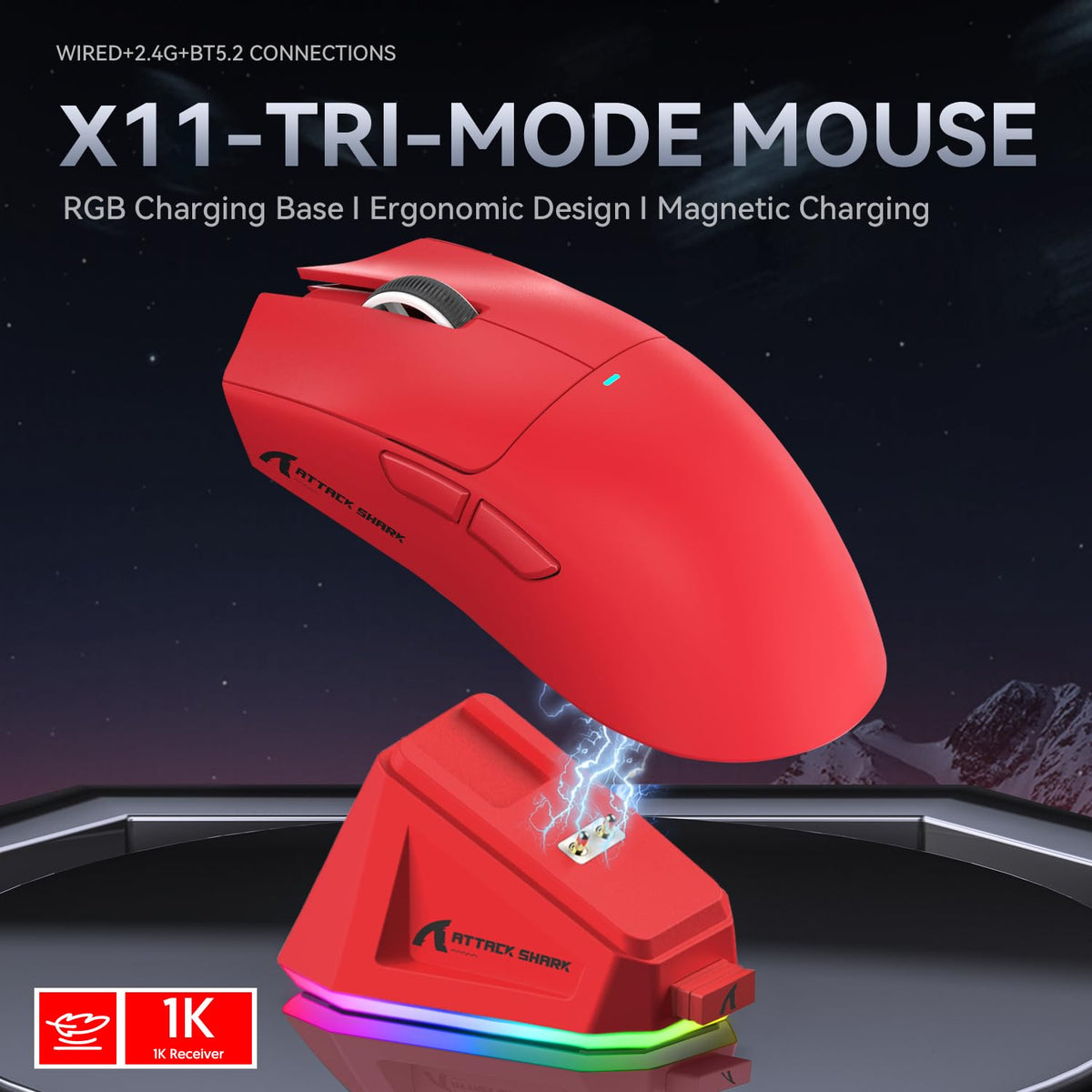 ATTACK SHARK X11 Gaming Mouse with Magnetic Charging Dock, PixArt PAW3311 Gaming Sensor, BT/2.4G Wireless/Wired Gaming Mouse with Mouse Grip Tape, 22000 DPI, Gamer Mice for Win11/Xbox/PS/Mac (Red)