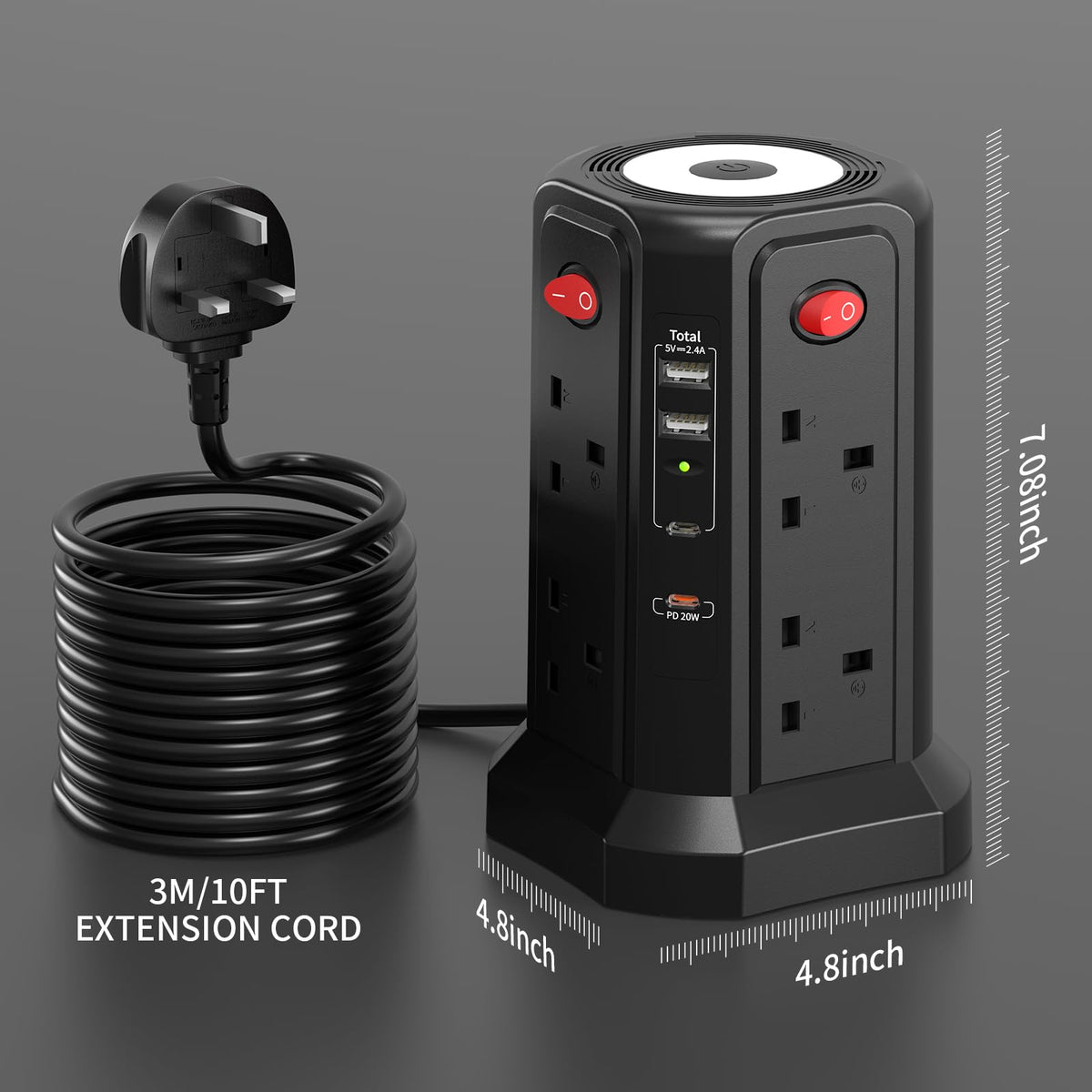 HAFINO Tower Extension Lead 3M with USB Slots and Night Light, 4 Switches