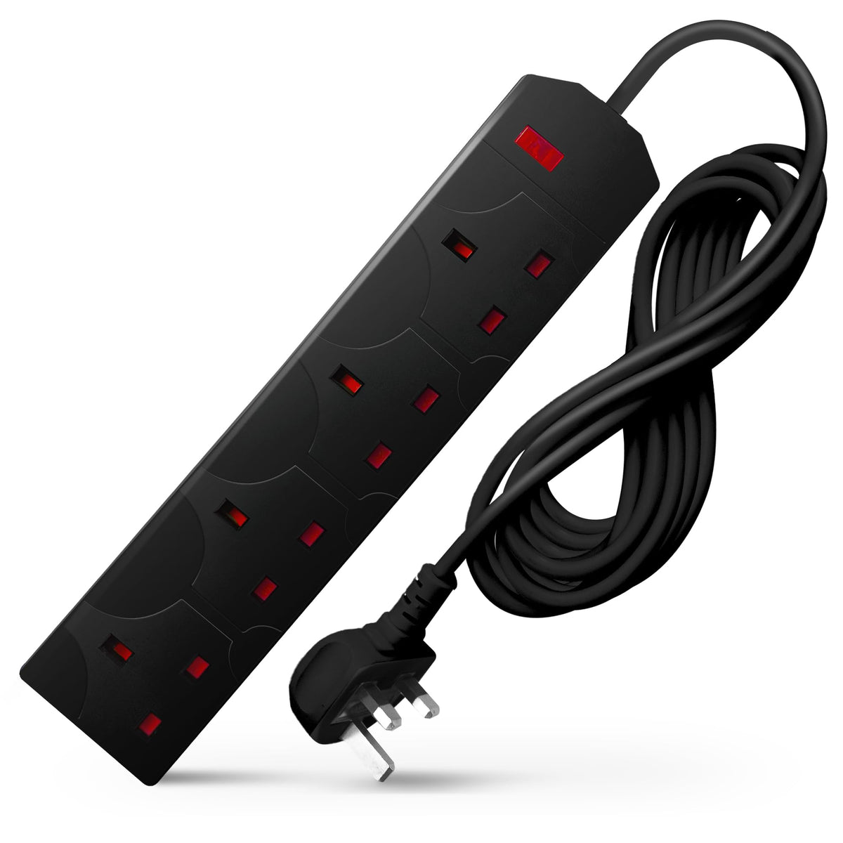 DESIRETECH Black Electric Extension Lead - 4 Gang, 1 Metre Cable with UK Plug & 3 Pin Socket - Wall Mountable & Multi Socket Mains Strip for Home, Bedroom, Kitchen, & Office (1 Pack)