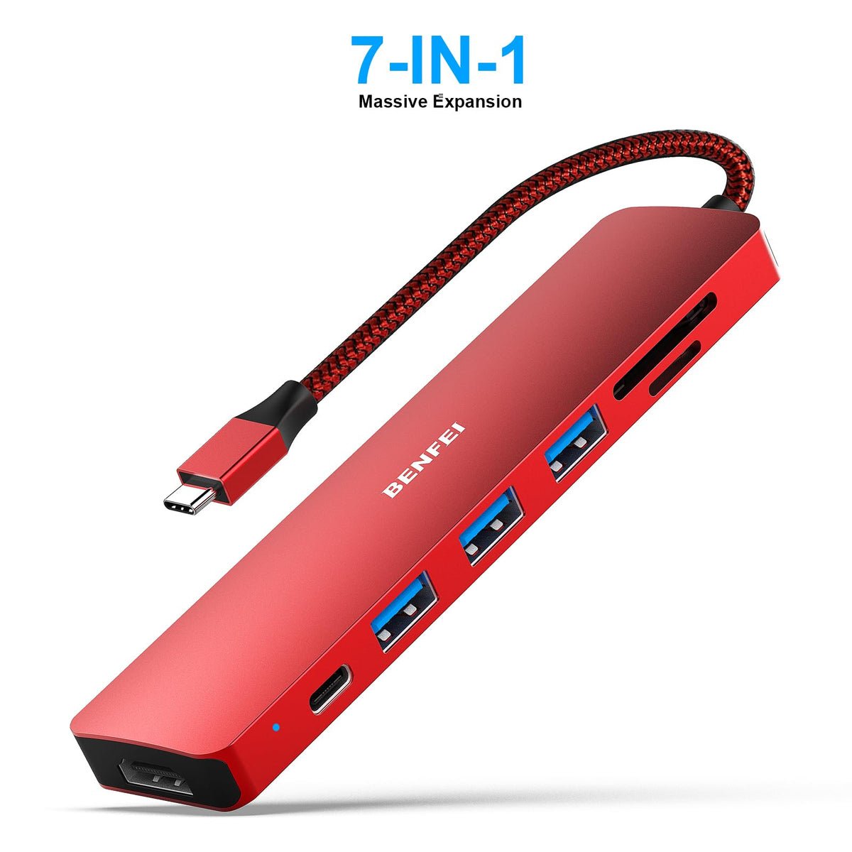 BENFEI USB-C Hub 5-in-1 with 4K HDMI, 3 USB-A 3.2 GEN2 10Gbps, 100W PD, Silicone Woven Cable, Aluminum Case, Compatible with MacBook, iPad, iPhone 15/16 Series