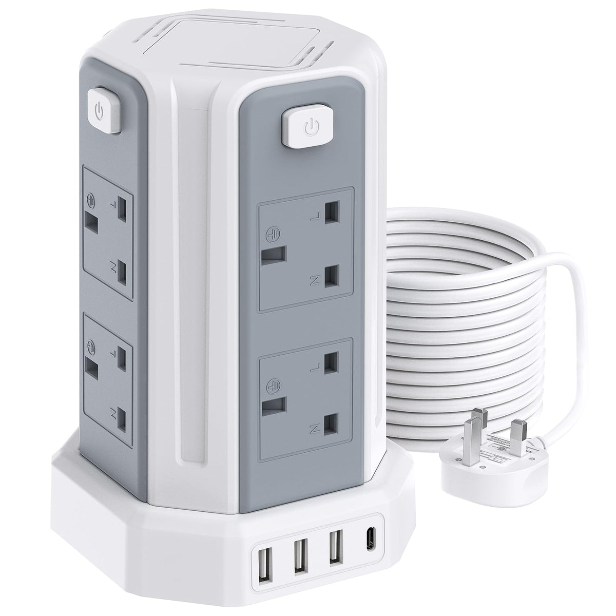 Tower Extension Lead 3M, 8 AC Outlets and 4 USB Ports Extension Tower