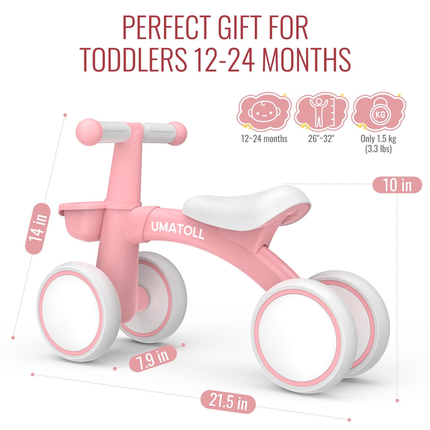 Umatoll Baby Balance Bike for 1 Year Old Boys Girls, 12-24 Months Toddler Balance Bike with Removable Basket, Adjustable Seat, 4 Wheels Infant Bike, First Birthday Gift