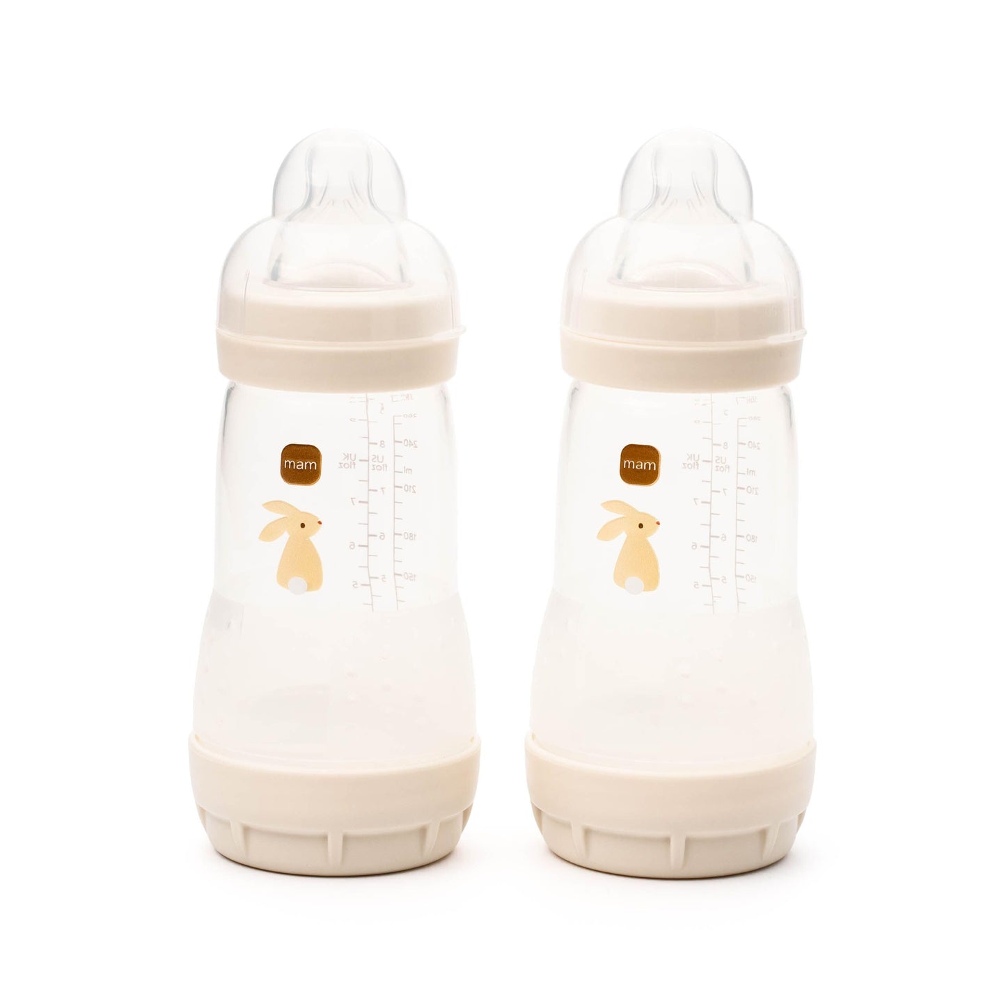 MAM Easy Start Anti-Colic Baby Bottles | 4 Pack (4X 260ml) | Self-Sterilising Baby Milk Bottle | Medium Flow MAM Teats Size 2 + 1x Fast Flow Teat Size 3 | Powder Blue (Various Designs)