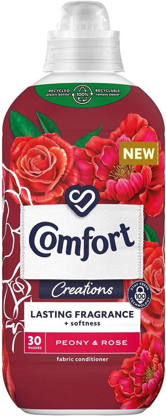 Comfort Creation Concentrated Fabric Conditioner with 100 Days of Long Lasting Fragrance and Softness Intense Liquid Fabric Softener 30 Washes, 900 ml (Peony & Rose, Buy 4)