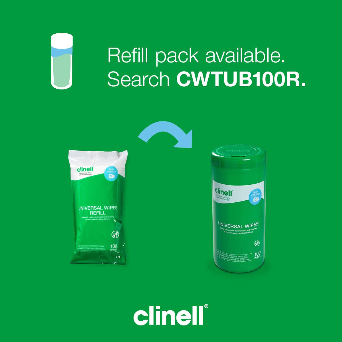 Clinell Universal Cleaning and Disinfectant Wipes for Surfaces - Tub of 100 Wipes - Multi Purpose, Kills 99.99% of Germs, Quick Action - 275mm x 190mm - Neutral Scent