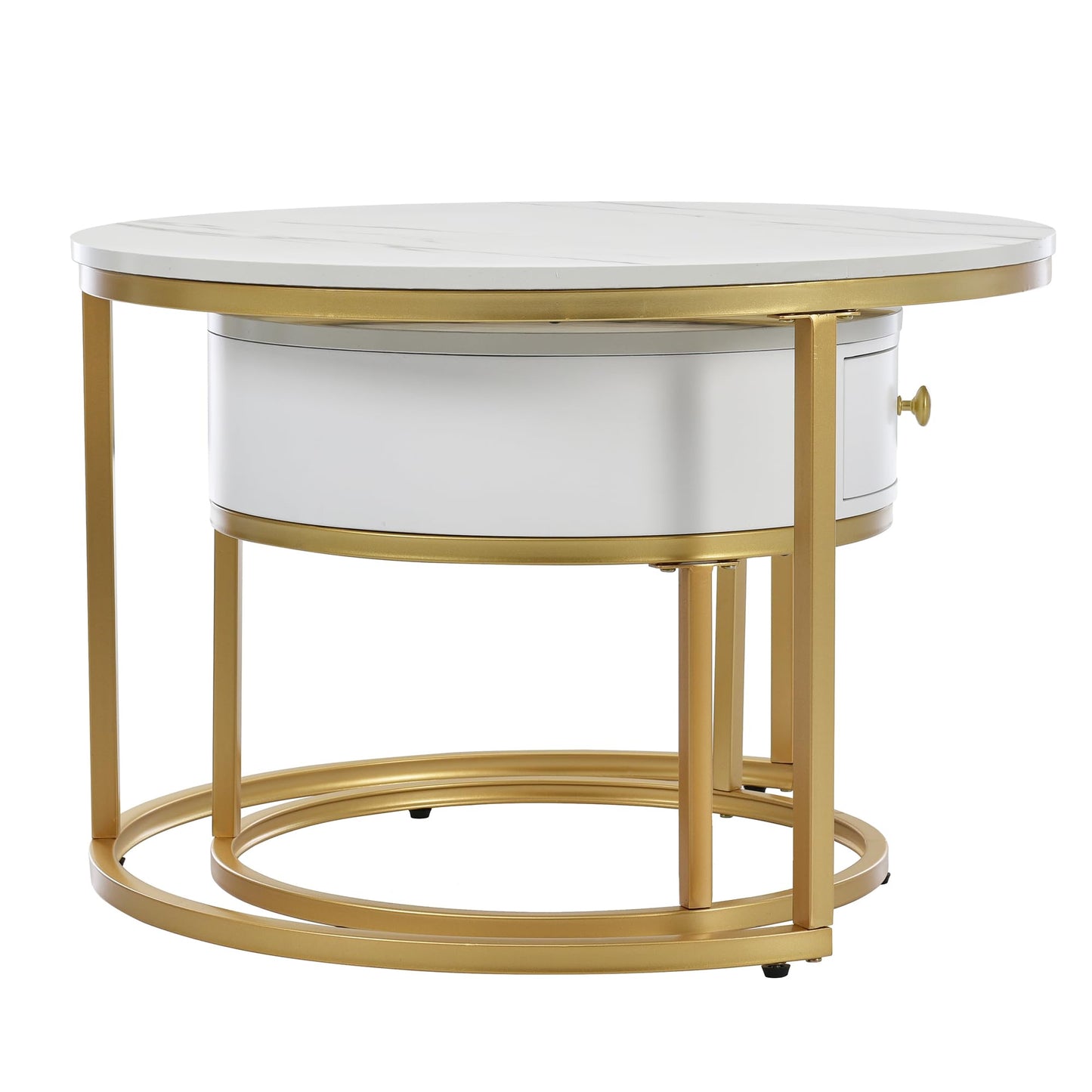 ModernLuxe 2-in-1 Coffee Table, Multi-functional Side Table with Marble Grain Veneer Top, Rattan Drawers, Solid Wood Handles, Gold Coloured Iron Legs, Round Nest of Tables for Living Room, Black