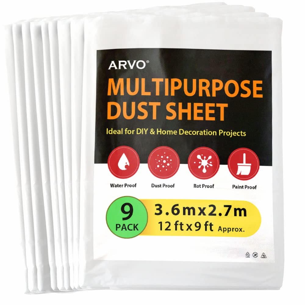 ARVO 6 Pack Extra Large Plastic Dust Sheets for Decorating - 3.6m x 2.75m (12ft x 9ft), Waterproof Polythene for Painting, Furniture, Floor Protection, Packaging May Vary