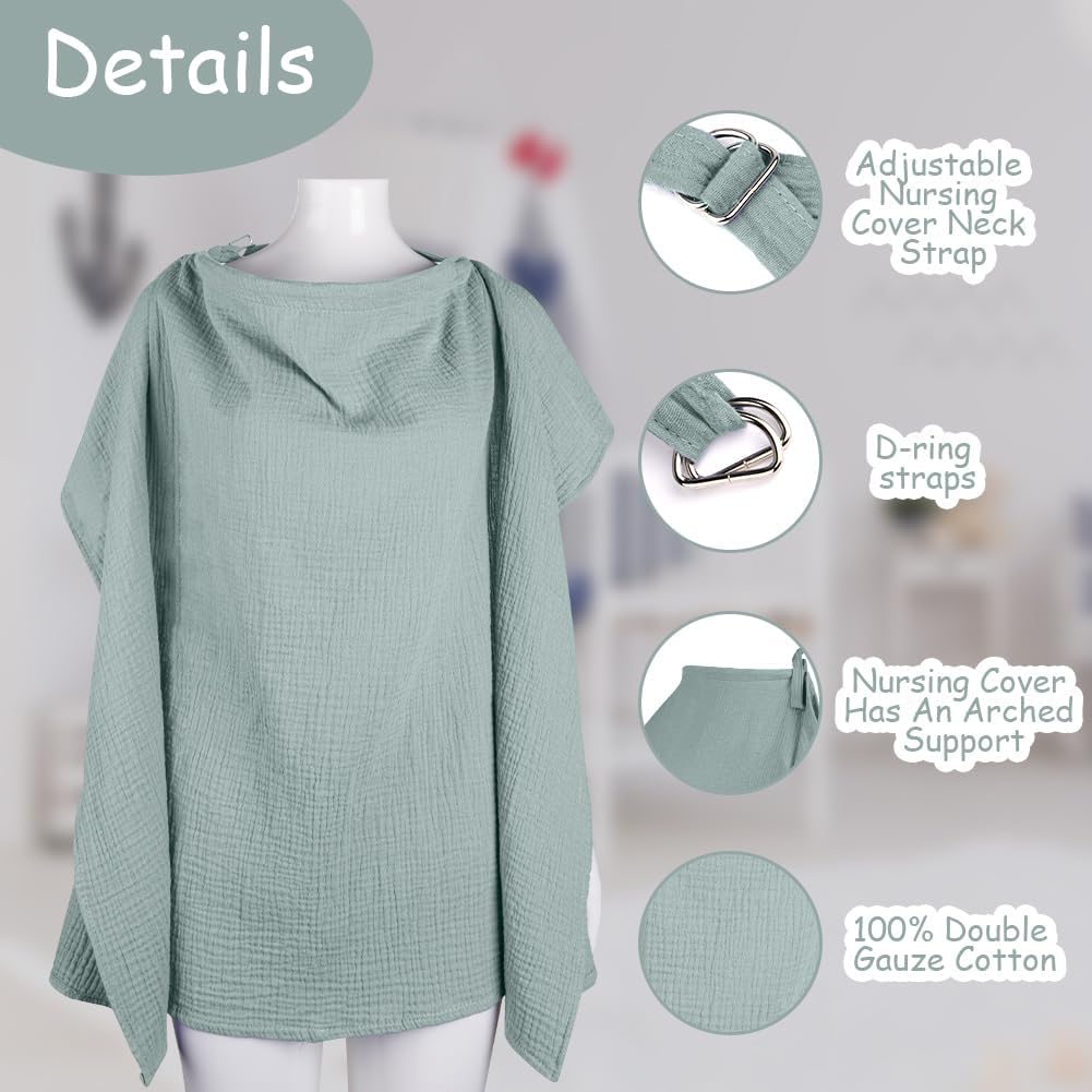 Aolso Breastfeeding Cover Nursing Cover, Muslin Cotton Soft Breathable Nursing Cover, Adjustable Strap Breast Feeding Coverall for Car Seat Blanket and Stroller Coverall (Green)