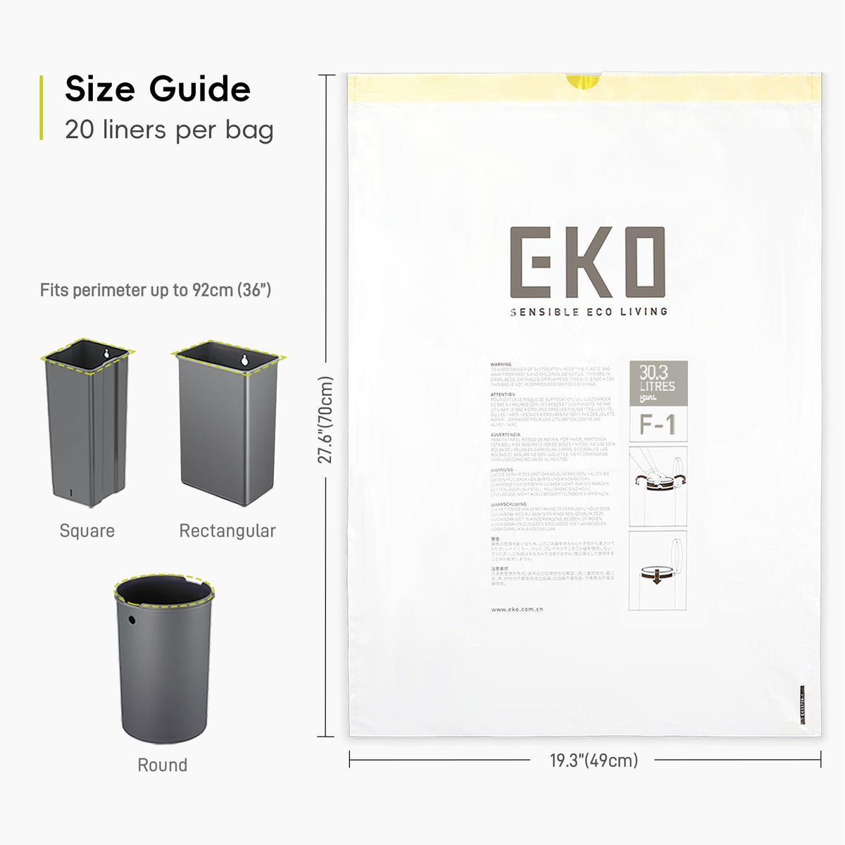 EKO Bin Bags, Kitchen Bin Liners, Drawstring, 40-60 Litre, 12 Count, Code F