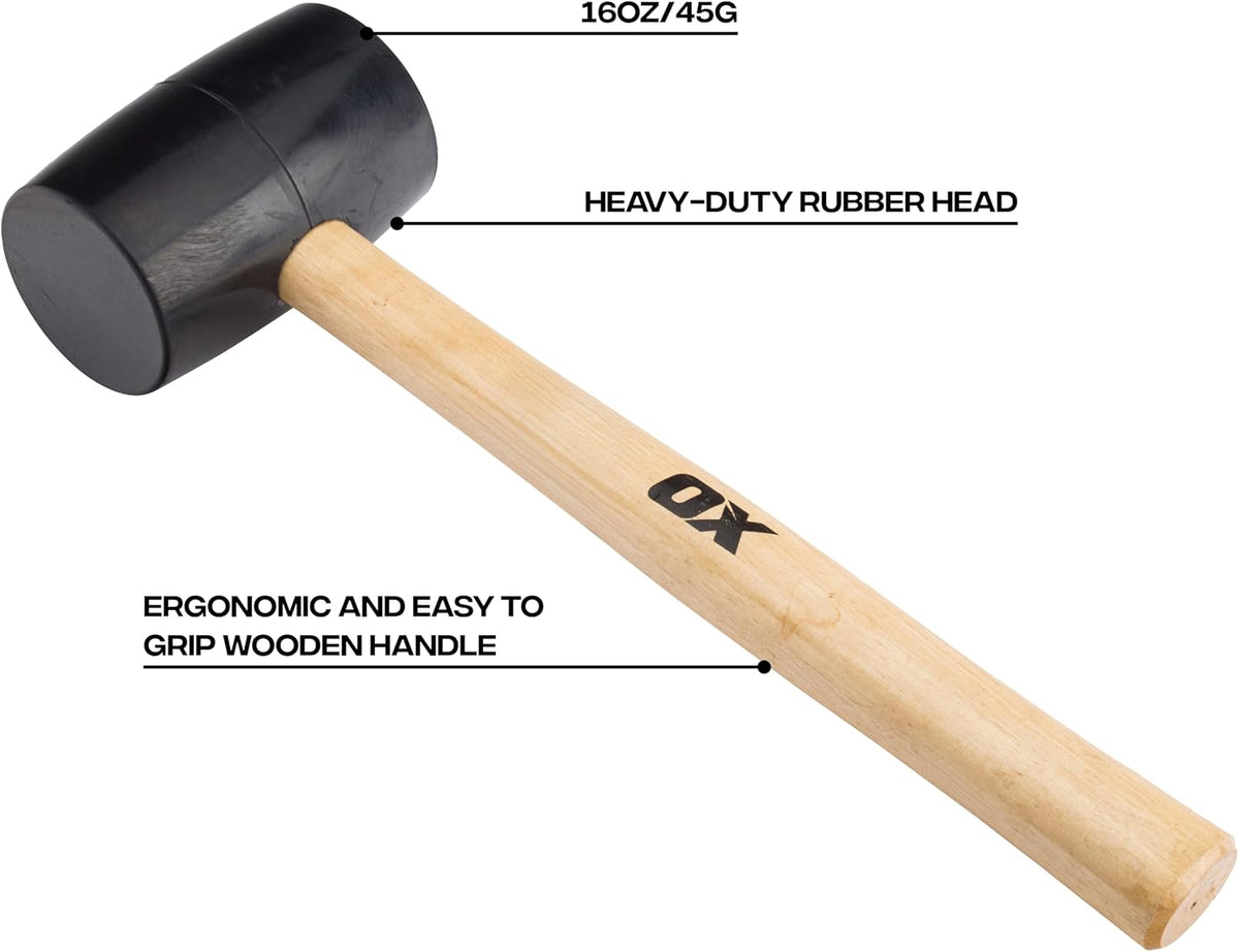OX Trade Black Rubber Mallet 16oz / 450g, Non-Marking Hammer, Wooden Handle