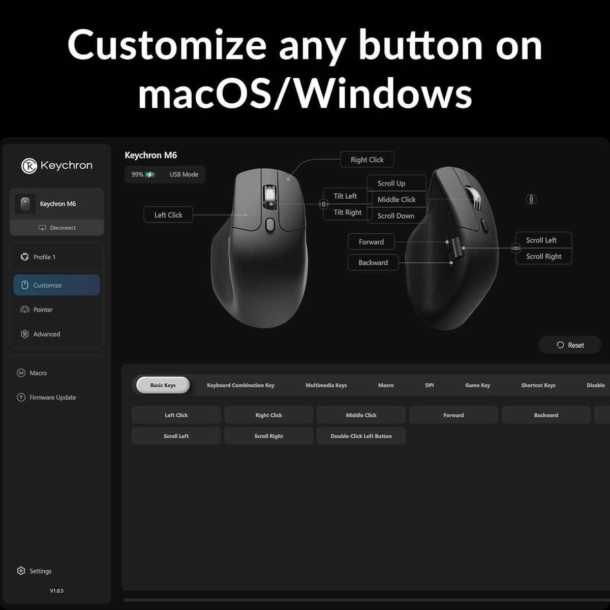 Keychron M6 8000 Hz Silent Wireless Bluetooth 5.3/2.4 GHz/Wired Connection Gaming Mouse, Lightweight Body Programmable PixArt 3950 Sensor (30K DPI / 750 IPS) for Windows Mac Linux - Black