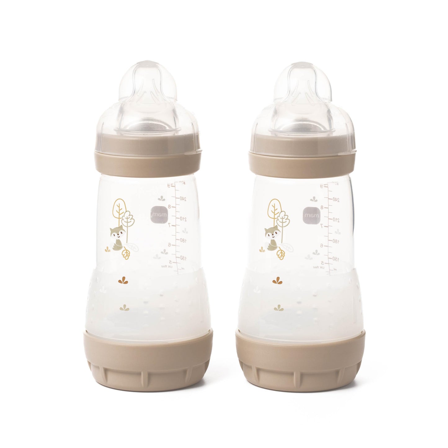 MAM Easy Start Anti-Colic Baby Bottles | 4 Pack (4X 260ml) | Self-Sterilising Baby Milk Bottle | Medium Flow MAM Teats Size 2 + 1x Fast Flow Teat Size 3 | Powder Blue (Various Designs)