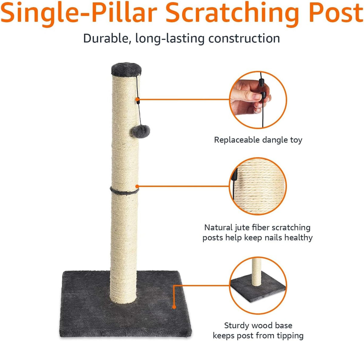 Amazon Basics Cat Scratching Post for Indoor Cats, Standard with Dangling Toy, 80 cm, Grey