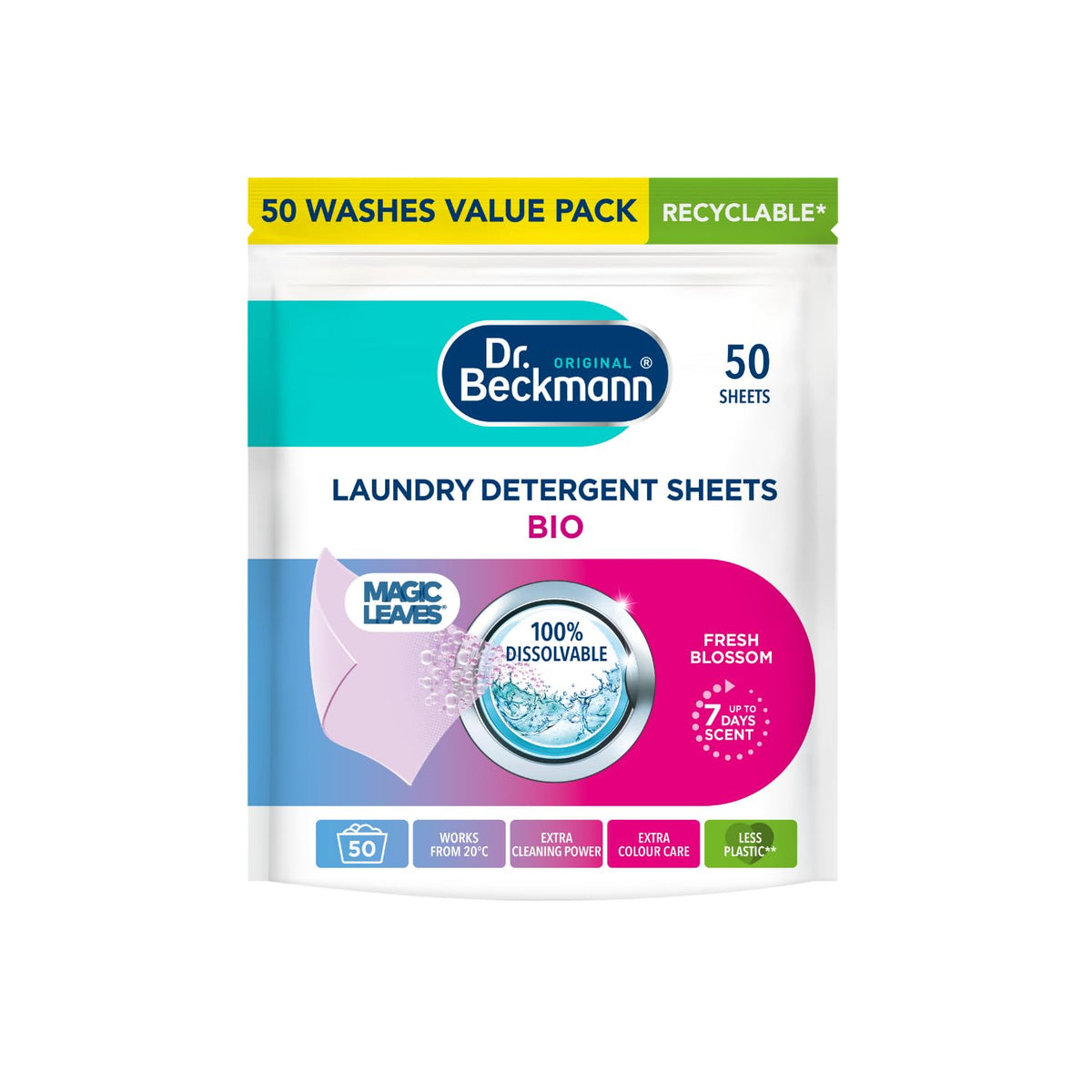 Dr. Beckmann MAGIC LEAVES Laundry Detergent Sheets BIO | Convenient and pre-dosed laundry detergent sheets | Dissolvable climate neutral and easy to use | 25 sheets