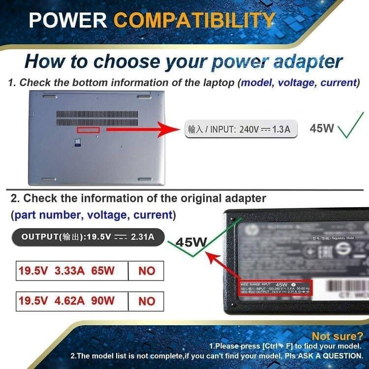 45W 19.5V 2.31A Laptop Charger Compatible with HP Stream 11 13 14 Pavilion 11 13 15(4.5mm x 3mm)