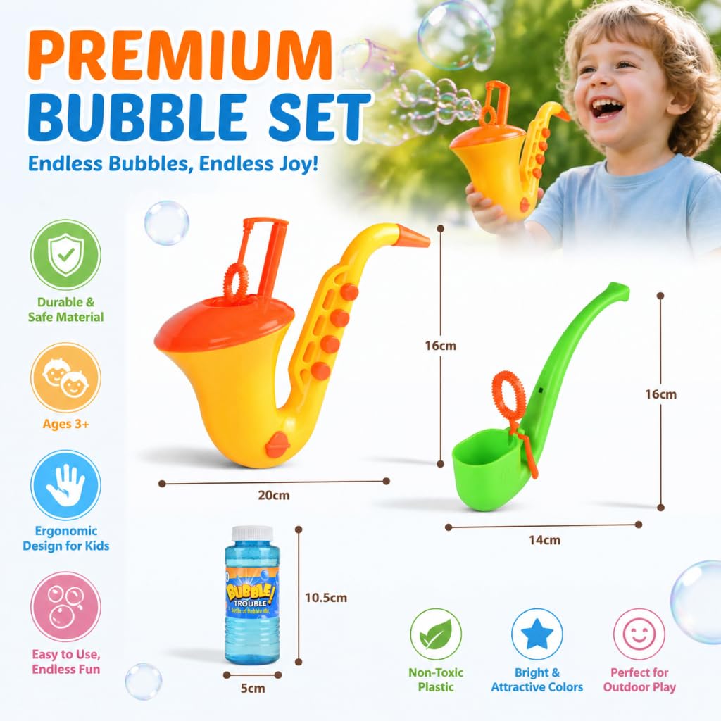 2Pcs Bubble Machine Toys Set, Saxophone Bubble Gun & Pipe Shaped Bubble Blower with Bubble Solution, Kids Outdoor Bubble Toys for Summer Party, Backyard Fun, Birthday Gifts, Reusable Bubble Makers