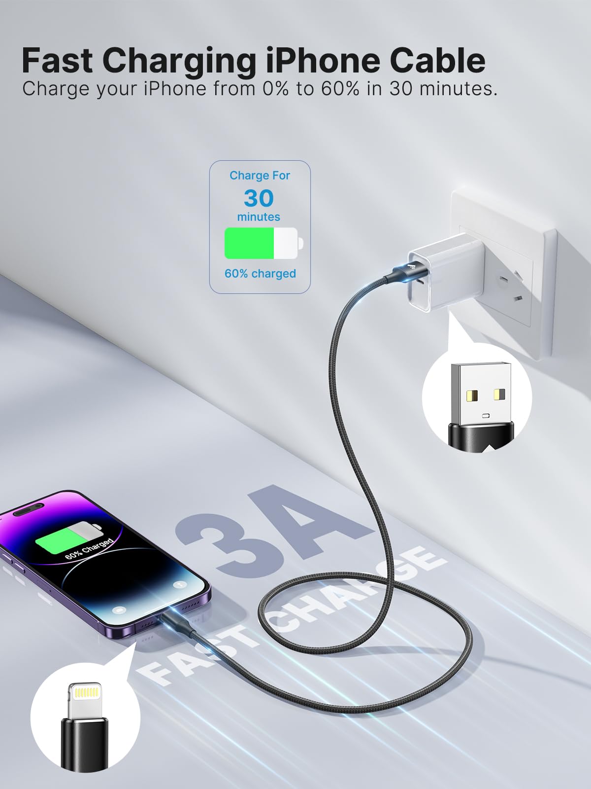 Aioneus iPhone Charger Cable 2M MFi Certified Lightning Cable Fast Charging