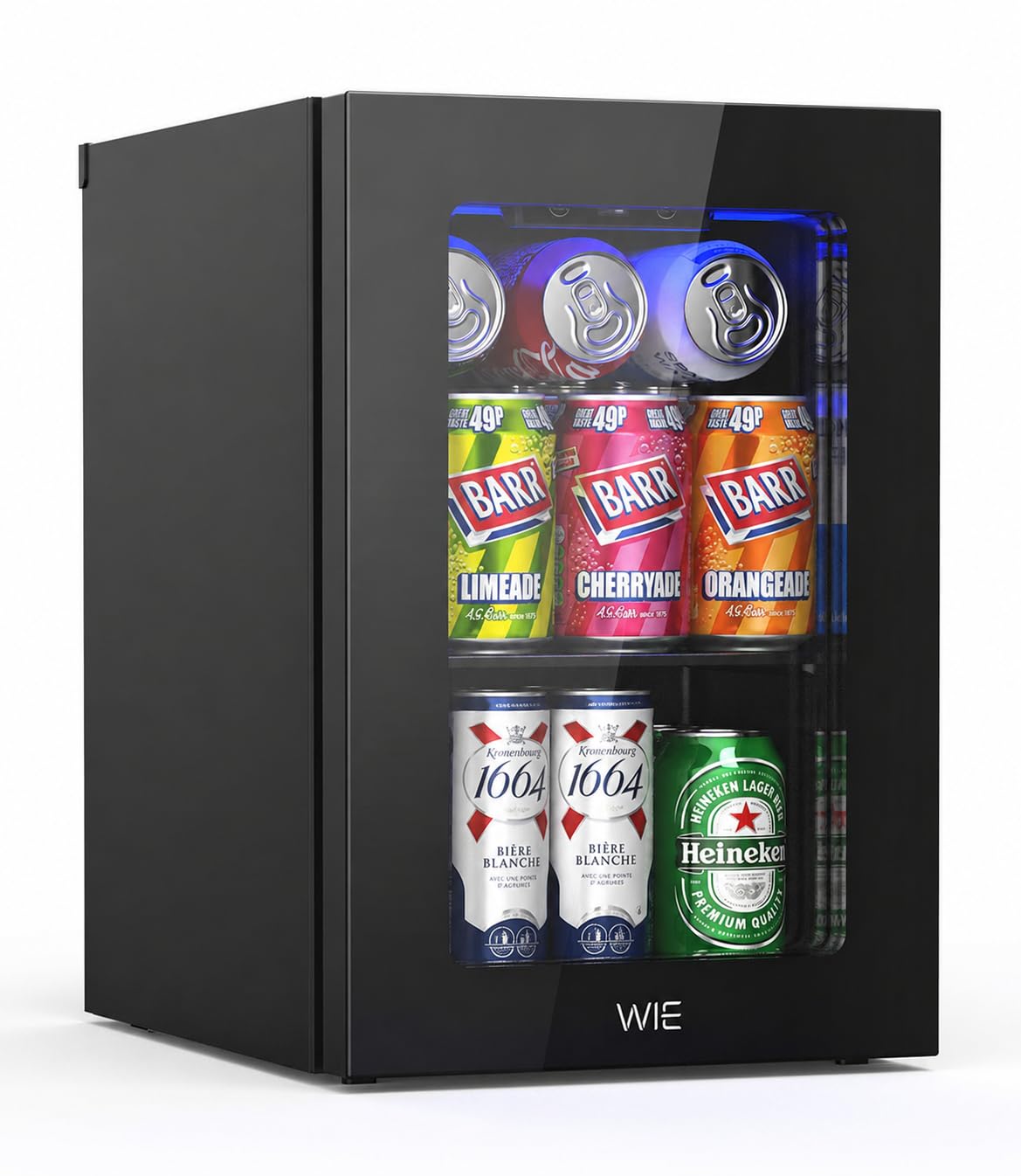 WIE 48L Drinks Fridge with Glass Door, Beer Fridge for 68 Cans or 12 Wine Bottles, Mini Fridge 4-16°C Touch Control, Quiet Beverage Refrigerators with LED Light, Reversible Door for Home, Bar, Office