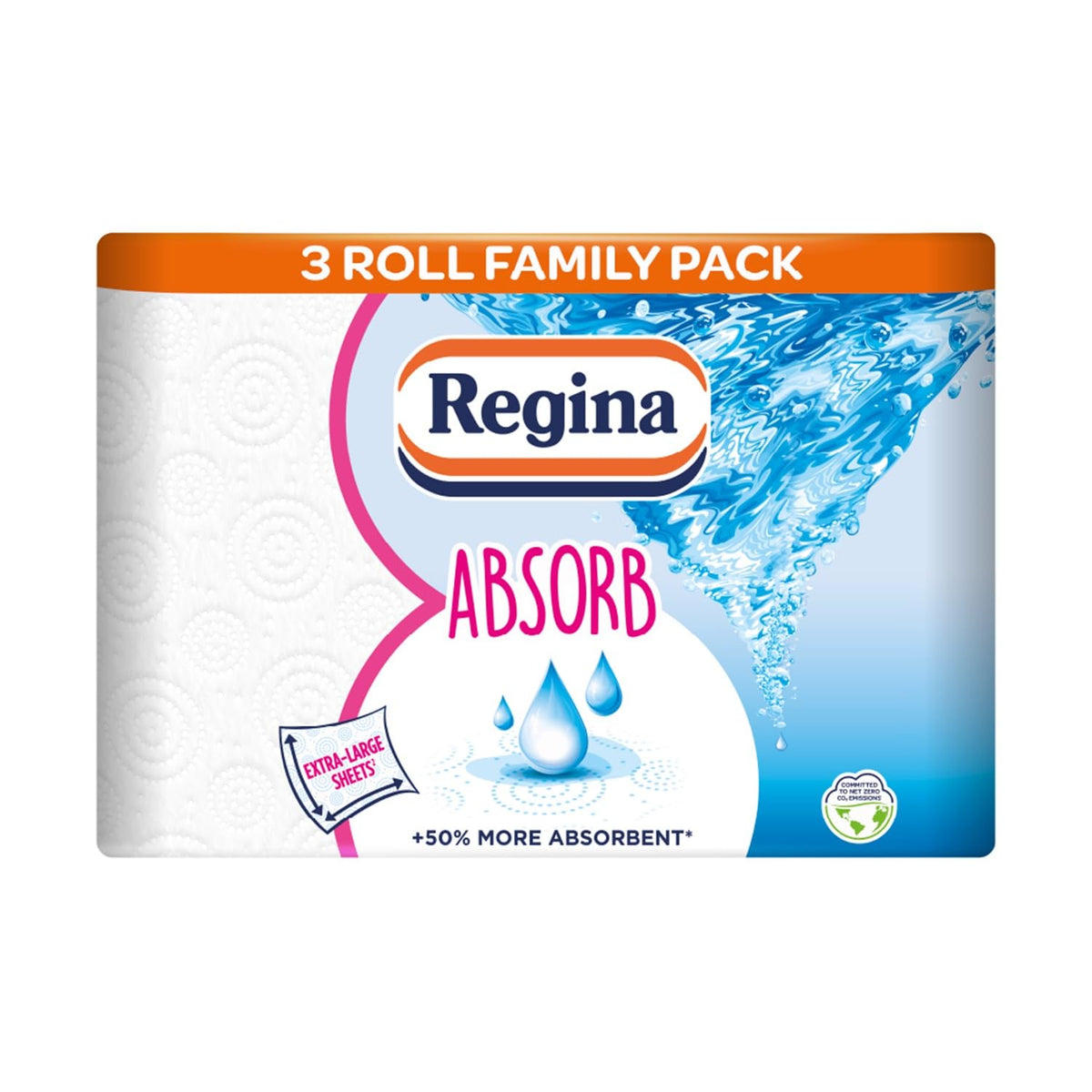 Regina Absorb Plus Kitchen Towels – 8 Super Absorbent 2-ply Kitchen Rolls, 85 Sheets Per Roll, Extra-Large Sheets, 50 Percent More Absorbent Than Previous XXL Products, Easy Open Pack