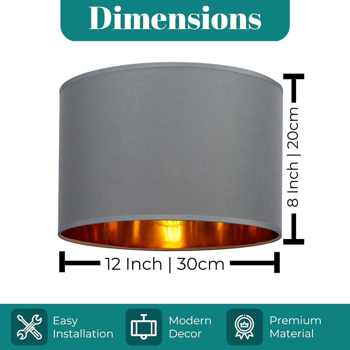 GIGGI Fabric Lamp Shades with Golden Inner Light Shade Ceiling – Modern Lampshades for Ceiling Lights, Lamp Shades for Table Lamps, Floor Lamps, Living Room, Bedroom, Home Décor (Green, 12")