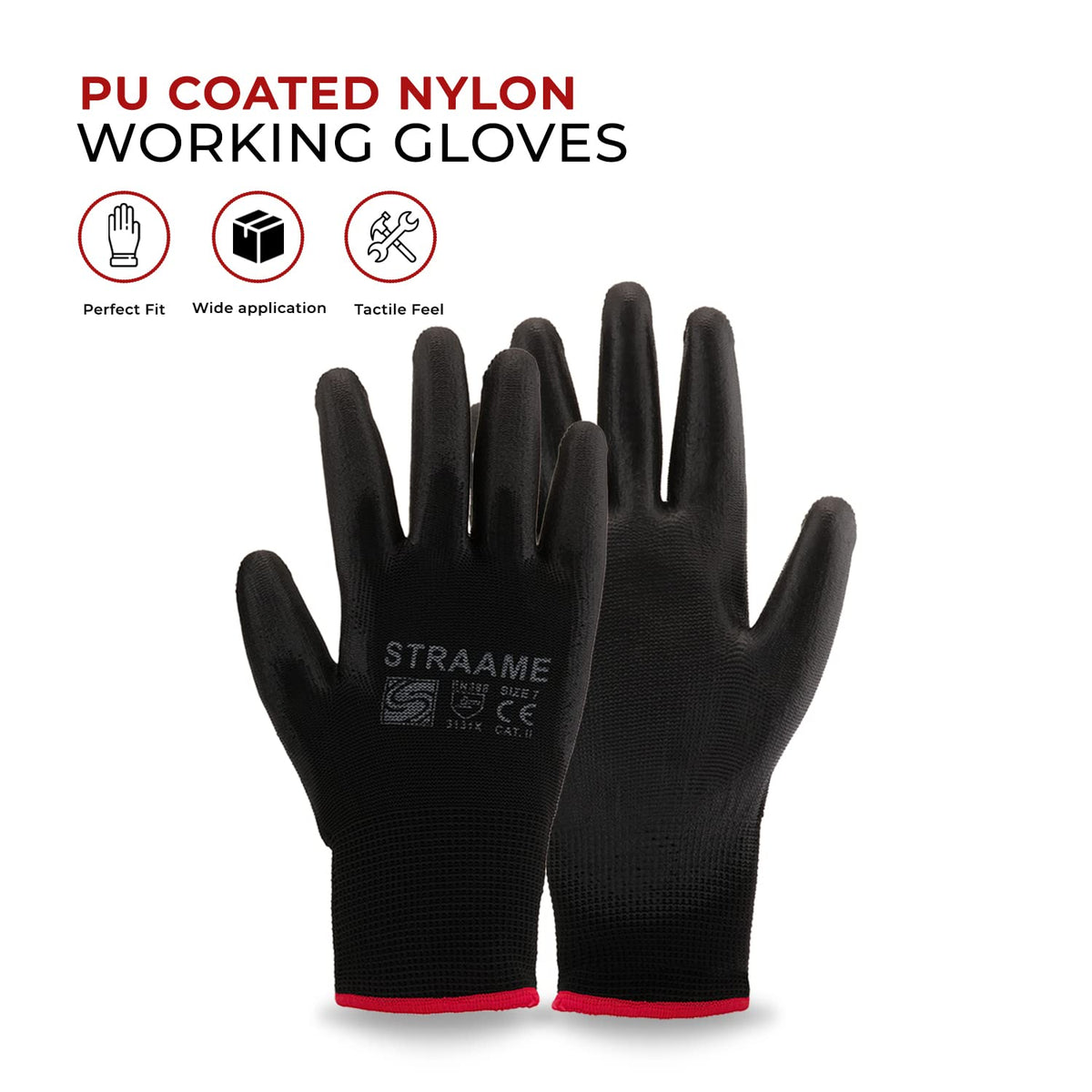 Straame Black Work Gloves, 12 Pairs, PU Coated Nylon, Non-Slip Grip, Size S