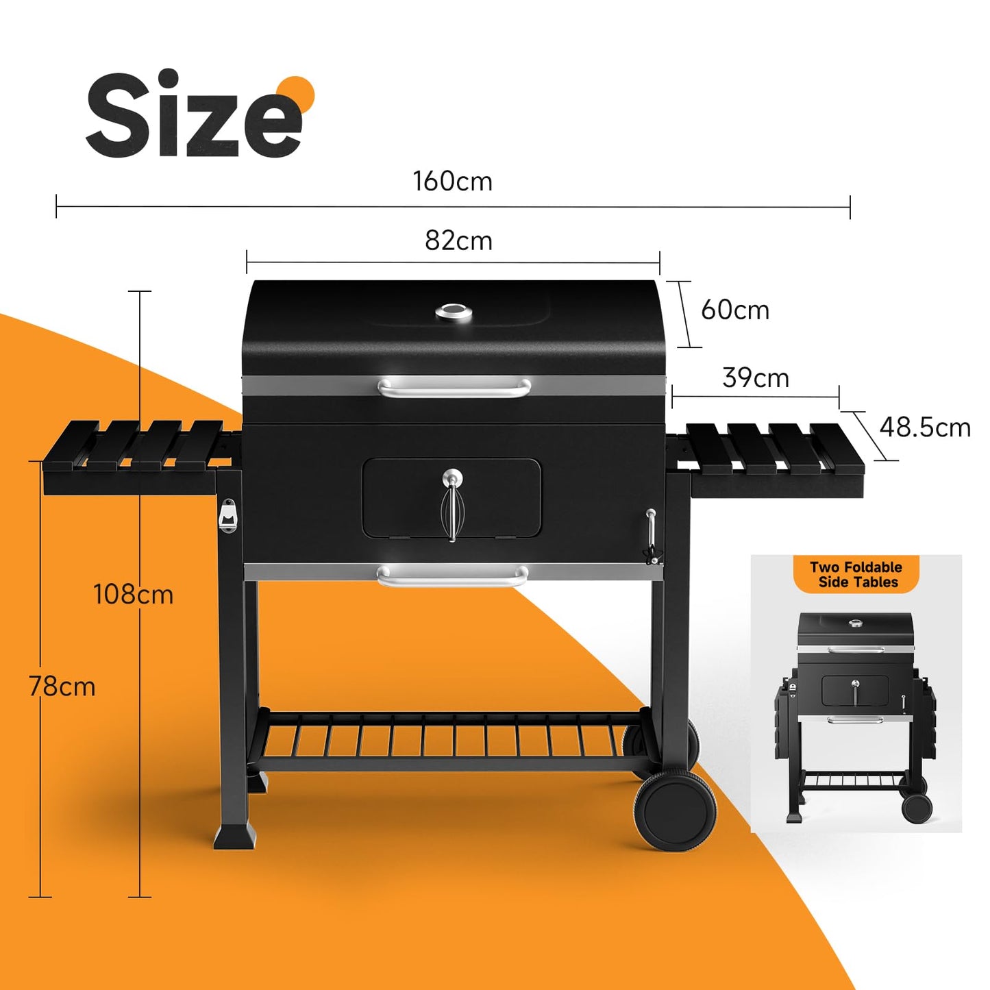 XXXL Smoker Charcoal BBQ, Portable Barbecue Grill with Wheel & 2 Folding Table, Thermometer & Adjustable Charcoal Pan, Large Outdoor BBQ Grill Smoker for Patio Home Garden Cooking
