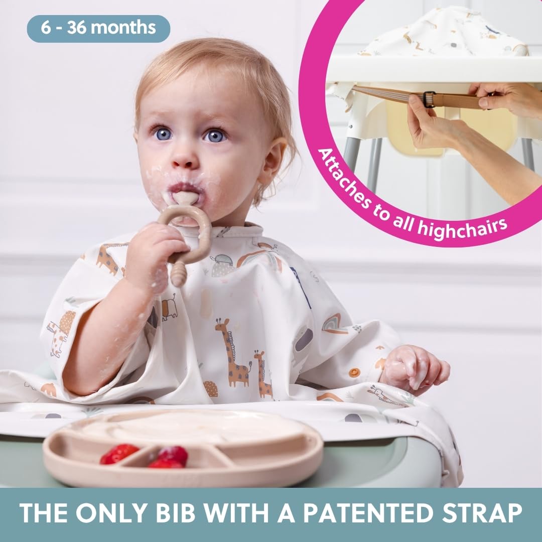 BIBaDO Long Sleeve Baby Bibs - Coverall Weaning Bib with Highchair Strap